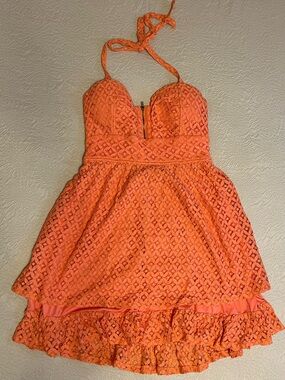 Vanity Coral Lace Halter Dress with Zip Front
